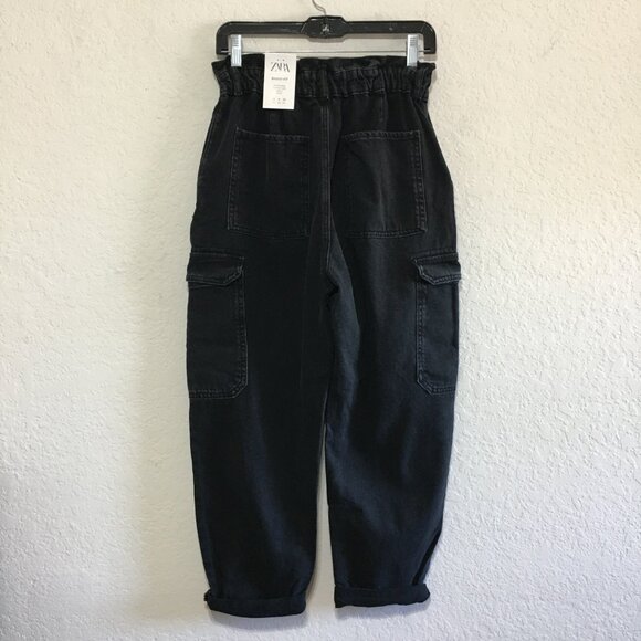 ZARA High Waist Baggy Fit Paper Bag Carrot Leg Ankle Rigid Black Womens 6 - Picture 8 of 16